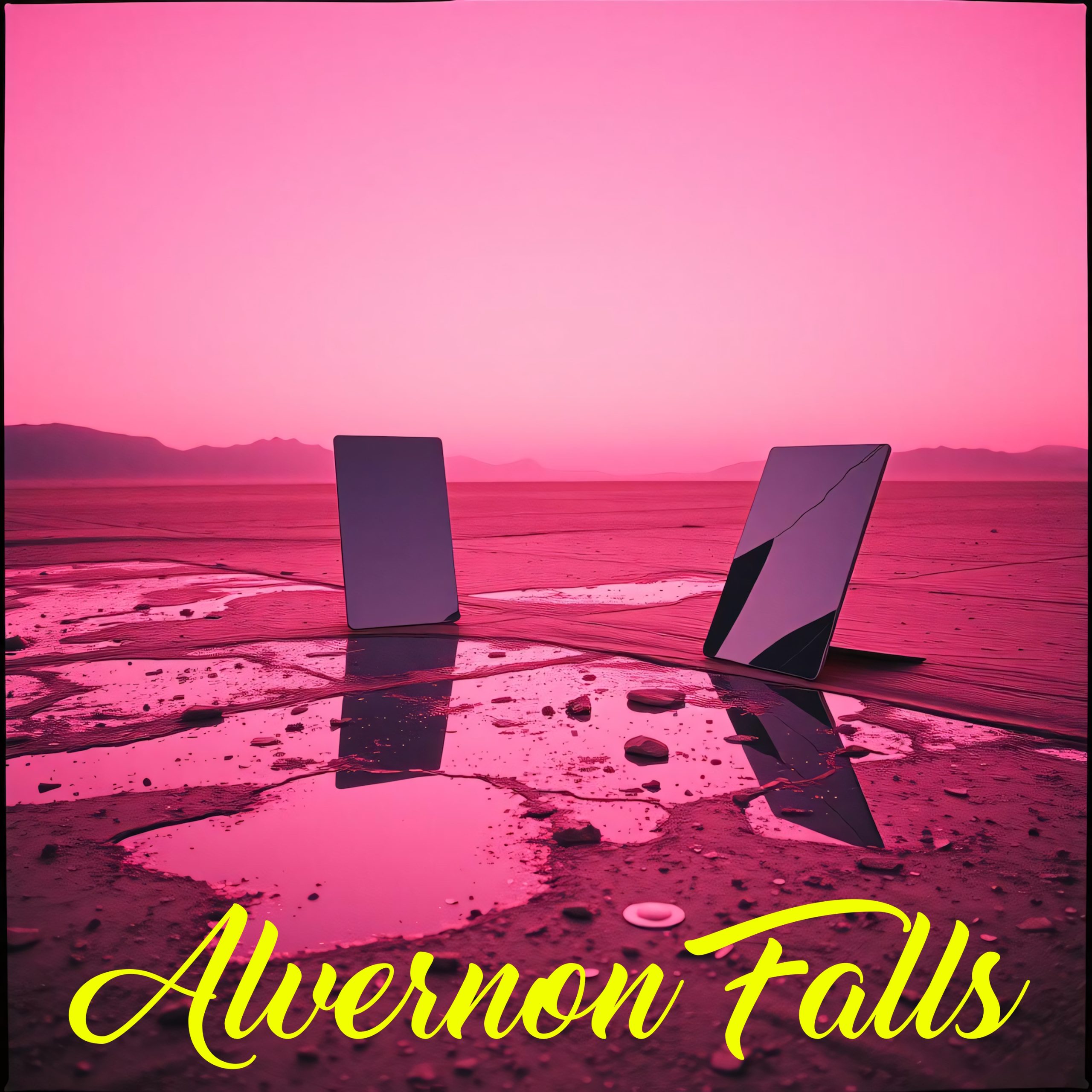 Two mirrors set out in the desert with water puddles in front of them. The whole scene has a pinkish haze about.